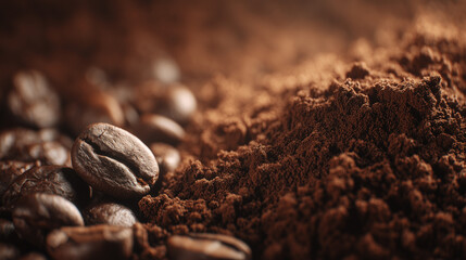 Close-up of roasted coffee beans and ground coffee.