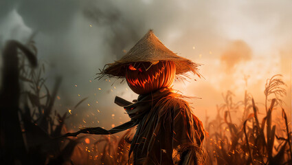 sinister scarecrow at dusk in cornfield