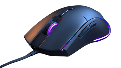Dark gray ergonomic gaming mouse with vibrant purple accents