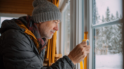Man sealing window frame for winter insulation.
