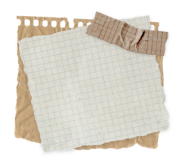Old Torn Spiral Notebook Sheet with grid texture. Blank paper scrap with tape on craft background for retro scrapbooking, collage, journaling and creative design isolated