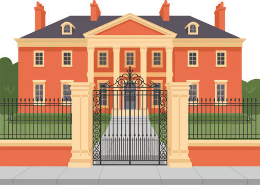 Brick mansion illustration, flat vector of luxurious red brick house with gated entrance, upscale residential architecture, real estate property, and elegant home exterior concept