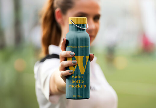 Metal Water Bottle in Hand Mockup