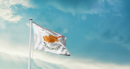 Cyprus national flag fluttering. The flag blowing in beautiful soft sky. Cyprus national flag for independence day.