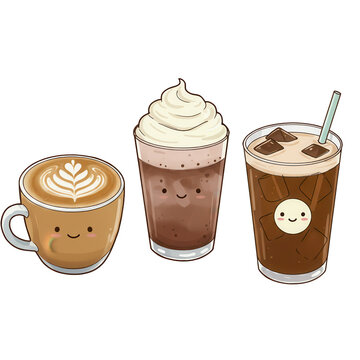Kawaii coffee character set, cute cartoon latte art and iced mocha illustrations, smiling espresso and cold brew drinks on white background