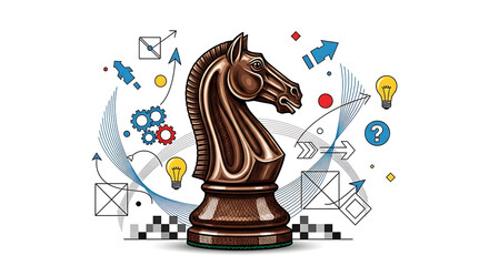 Chess knight with strategy icons, symbolizing planning and tactics.