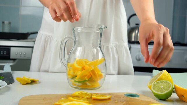 Woman hands preparing lemonade putting citrus slices pieces into glass jug on kitchen at home. Cooking fresh homemade vitamin drink with organic products, herbs mint, melissa. Recipe cuisine culinary.