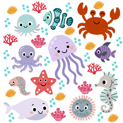 Obraz premium Colorful Underwater Creatures Illustrations Featuring Fish, Crab, Jellyfish, and Sea Life for Kids Decor