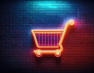 Neon Shopping Cart on Brick Wall: A Vibrant Depiction of E-commerce and Retail in the Digital Age.