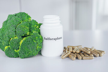 Broccoli contains sulforaphane on the table. Selective focus.