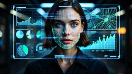 Woman with futuristic facial scan and data displays face technology