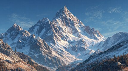 Spectacular view of snow-capped mountain peaks du daytime with rugged rocky terrain and clear blue sky in the background, majestic alpine landscape scenery