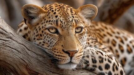 Obraz premium Close-up of a majestic wild leopard resting on a large tree branch with intense yellow eyes and detailed spotted fur in a natural habitat with greenery and foliage