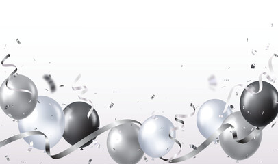 Celebration silver balloons, design banner with ribbons and confetti