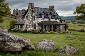 Old stone house and lawn. Generative AI