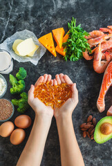 Products contain Omega 3. Selective focus.