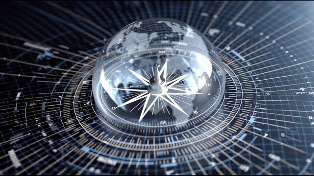 Navigating the World: A compass superimposed over a digital world map and the celestial map, it's a symbol of orientation, travel, and global connection.