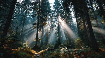 Obraz premium Serene Sunlight Filte Through Tall Forest Trees Creating a Peaceful Natural Scene in a Dense Wooded Area Du Daytime