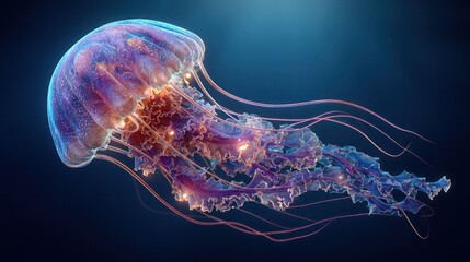 Detailed and vibrant underwater scene featu a glowing jellyfish with translucent bell and long trailing tentacles illuminated in blue purple and orange hues