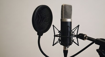 Professional condenser microphone with pop filter on stand in studio