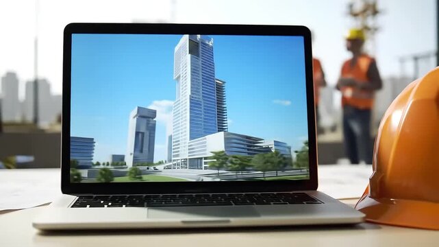 Engineering future cities Modern skyscraper architectural rendering on laptop with a construction hard hat showcasing urban development design and project plann