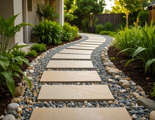 Winding stone pathway through landscaped garden