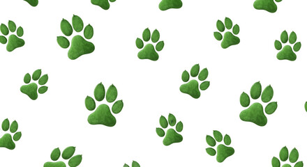 Fototapeta premium Green Paw Prints Pattern on White Background.