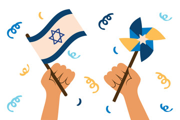 A hand holding an Israeli flag, the other hand holding a windmill, a Hanukkah