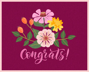 Floral greeting card with colorful flowers and leaves on Mulberry Pie color background. Vector illustration with "Congrats" script lettering for celebration and special occasions.