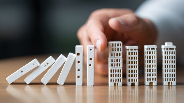 Hand setting down dominoes shaped like office buildings triggering chain reaction crisis concept metaphor.