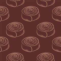 Cinnamon roll pastry seamless pattern in line art style. Perfect for kitchen wallpaper, bakery packaging, cafe menu design and sweet pastry background.