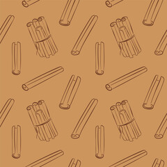 Seamless pattern with line art style cinnamon stick. Perfect for spice sore package, kitchen background and organic design.
