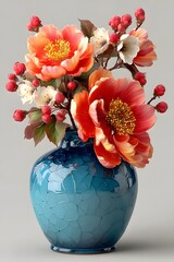 3D vase with flowers isolated on white background
