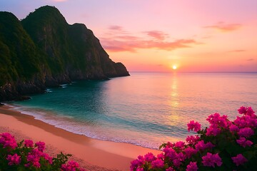 Tropical beach at sunset, a serene seascape with vibrant colors and lush vegetation on the coast