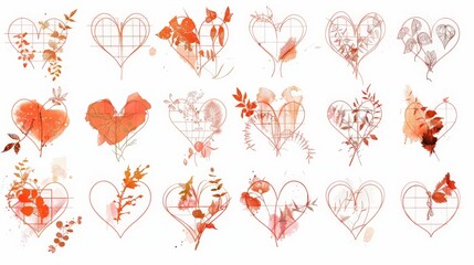 Set of red hearts in different pose. Collection of heart illustration with different style.