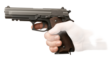 Hand gripping a semiautomatic pistol ready to fire.