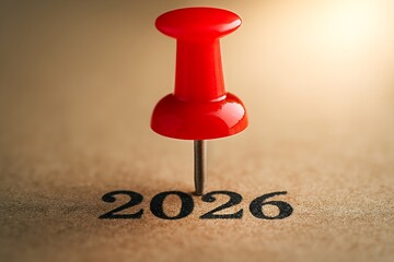 Red push pin marking the year 2026 on a brown surface, symbolizing a future date or important event