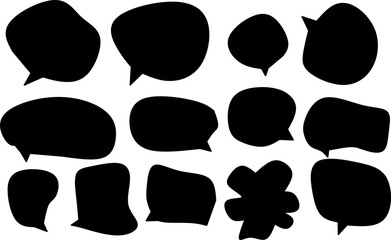 Collection of black silhouette speech and thought bubbles in comic style. Blank chat balloons, dialogue boxes, and creative shapes for messages, notes, and design use.
