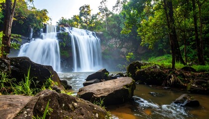 Waterfall cascading through a lush jungle
