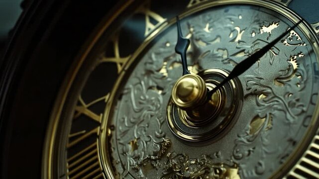 A detailed shot of a clock face featuring Roman numerals and clock hands