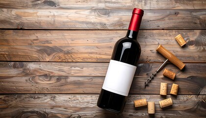 Wine bottle on rustic wooden table with corks and corkscrew
