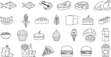 Collection of hand drawn food icons representing diverse culinary delights and ingredients