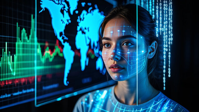 Woman gazes at glowing digital world map and data charts face technology