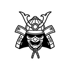 A black and white line art illustration of a traditional Japanese samurai kabuto helmet and mempo mask.