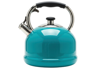 Teal stovetop kettle isolated on white, stainless steel tea pot with black handle for boiling water and making hot beverages
