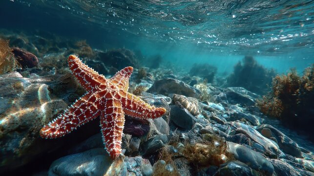 Vibrant Underwater Scene Featu a Colorful Starfish Resting on Rocky Coral Reef with Clear Blue Water and Sunlight Penetrating Ocean Surface