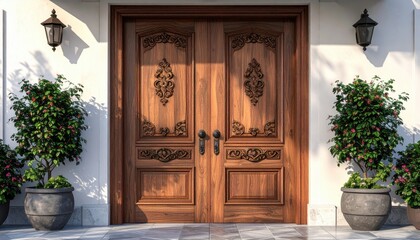 Ornate wooden double doors, richly carved with detailed patterns, stand as an entrance to a building; flanking the entrance, decorative bushes in planters accent the facade, with ambient light...