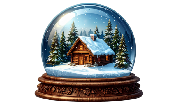 Classic Snow Globe with Rustic Cabin and Pine Trees