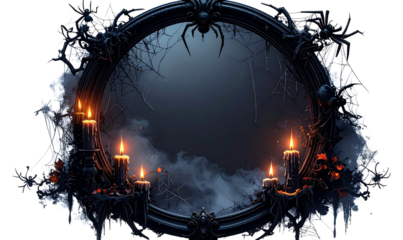 Dark Gothic Halloween Round Frame with Spider Webs and Candles