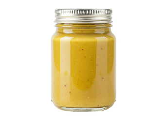 Yellow mustard in a glass jar isolated, homemade condiment with a silver lid for food photography and culinary projects